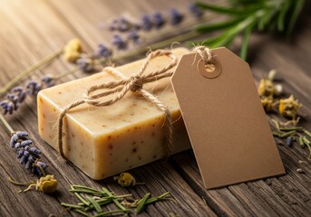 Handmade natural soap bar with lavender and rustic label 