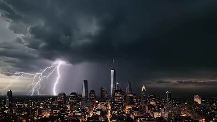 Lightning illuminates cityscape at night, showcasing dramatic weather conditions with flashes of light painting dark sky and urban landscape, ideal for commercial use cases requiring a powerful. - Powered by Adobe