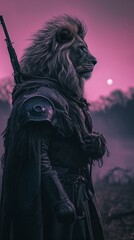 Fototapeta premium Anthropomorphic lion warrior standing in a dark forest. Vertical fantasy illustration of a soldier with a rifle under a pink moonlit sky. Surreal character concept