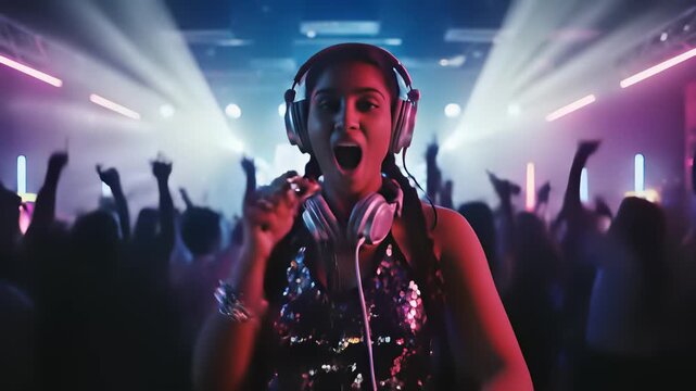 Confident woman stands in front of a crowd, elegantly dressed in black, intently focused on her music as she skillfully manipulates the DJ mixer controls to create an infectious beat that.