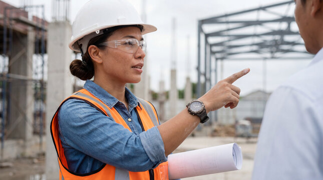 A female engineer or architect in a hard hat, safety glasses, and orange vest points her finger while holding blueprints, discussing progress with a colleague on an active construction site.
