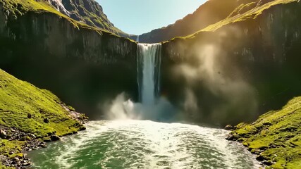Majestic waterfall cascades down rugged mountain side, capturing serene power and natural majesty, perfect for conveying themes of resilience, perseverance, or spiritual connection in 4K UHD.
