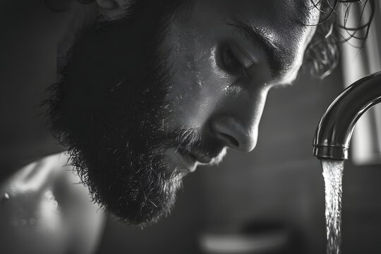 Monochrome close-up of a man's face with a wet beard near a running water tap
