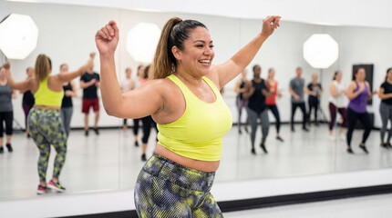 Energetic and smiling plus-size Hispanic woman wearing bright yellow sportswear, dancing and exercising during a group fitness class in a bright studio with mirrors.