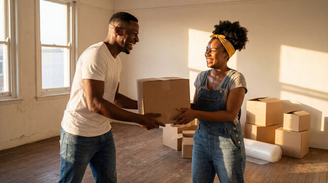 Smiling young Black couple passing a cardboard box between them while unpacking in an empty, sunlit apartment with windows and piles of boxes on the wooden floor.