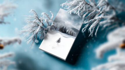 Minimalist winter promo flyer with clean white background, large centered headline area, crisp black and icy blue typography