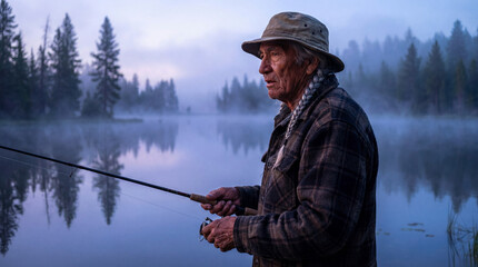 Profile portrait of a senior Native American man wearing a hat and plaid shirt, holding a fishing rod and looking out over a foggy lake surrounded by pine trees at dawn.