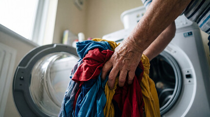 Senior female hands gripping pile of colorful clothes in front of open washing machine door in domestic laundry room interior during daily housework routine.