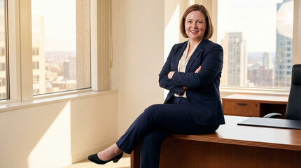 A confident, professional businesswoman in a navy suit and blouse, with arms crossed, smiles while sitting on a large wooden desk in a modern office with a bright cityscape view.