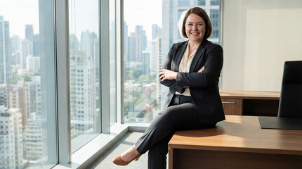 Happy middle-aged female executive in a black suit sitting on a desk with arms crossed, smiling confidently in a bright corner office with large windows overlooking city skyscrapers.
