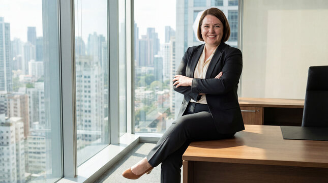 Happy middle-aged female executive in a black suit sitting on a desk with arms crossed, smiling confidently in a bright corner office with large windows overlooking city skyscrapers.