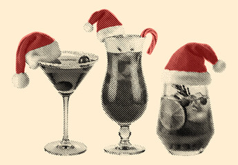 Fototapeta premium festive cocktails with Santa hats, vintage halftone drinks collection