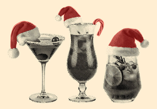 festive cocktails with Santa hats, vintage halftone drinks collection