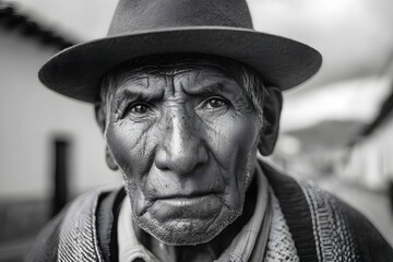 Close up portrait of a mature man with a weathered face in black and white