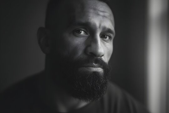Dramatic portrait of a man with a full beard looking intently at the camera