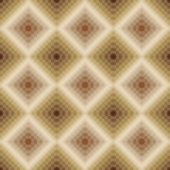 seamless geometric pattern of repeating diamond tiles formed by a gradient of tiny circular motifs resembling a digitalized crochet granny square texture in warm earthy tones of brown tan and cream