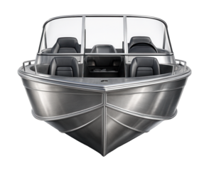 Aluminum motorboat featuring a deep-V hull and open cockpit layout.