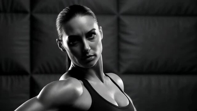 Powerful female bodybuilder showcases her sculpted physique with intense focus, embodying strength and dedication in a dramatic black and white portrait