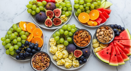 Vibrant fruit and nut platters showcase healthy eating choices, ideal for wellness promotions or snack food advertising campaigns, fresh and tempting display