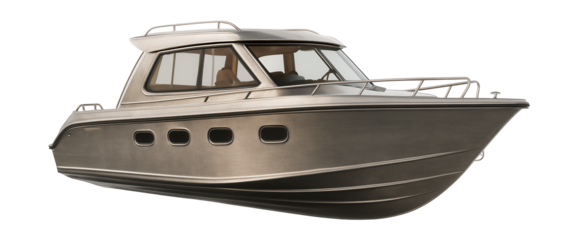 Enclosed helm aluminum cabin cruiser with side portholes.