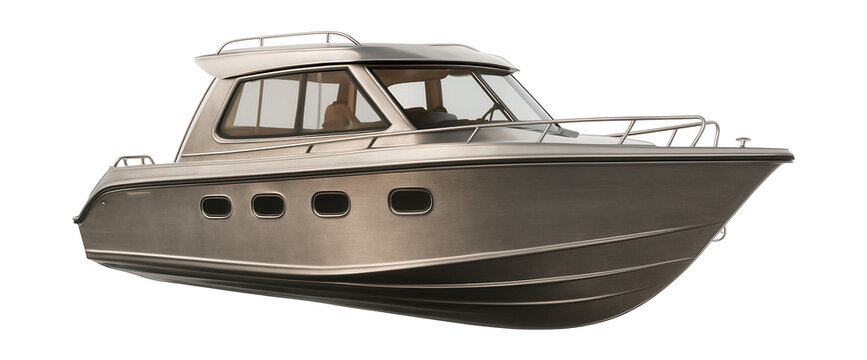Enclosed helm aluminum cabin cruiser with side portholes.