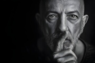 Thoughtful older man in black and white holds finger to his lips, asking for silence