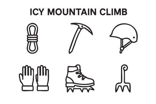 Set of six black line icons for icy mountain climbing equipment including a rope, ice axe, helmet, gloves, crampon boot, and piton in a minimalist vector style
