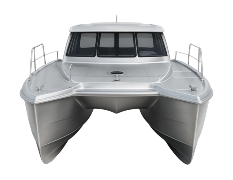 Aluminum catamaran featuring dual hulls and a roomy deck space.