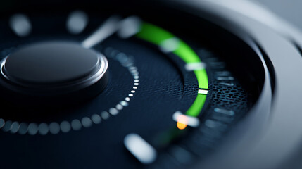 Close-up of a modern analog dial with illuminated green indicator and textured black surface in a sleek metallic frame