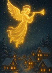 Fototapeta premium Celestial angel illuminates snowy village.
