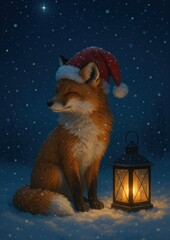 Naklejka premium Fox with lantern snow