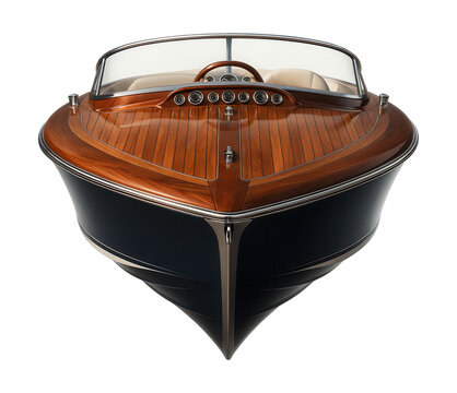 Elegant console cruiser featuring teak decking and chrome details.