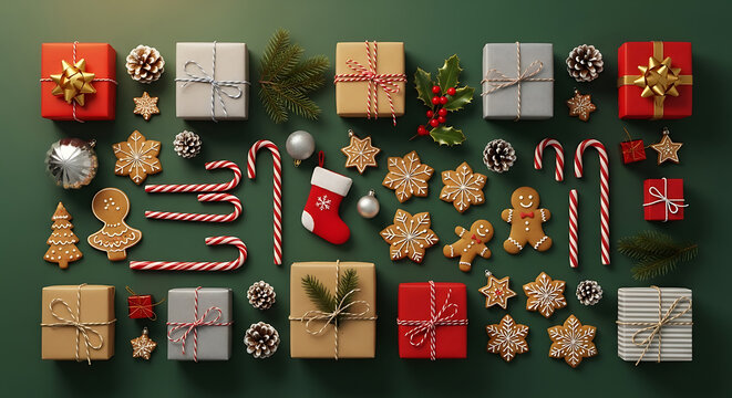 A festive holiday collection featuring wrapped gift boxes, gingerbread cookies, and Christmas decorations arranged in a neat flat lay pattern