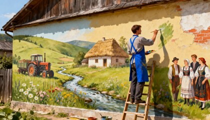 Painter working on a rural mural blending natural elements and local culture into the exterior wall of a countryside structure