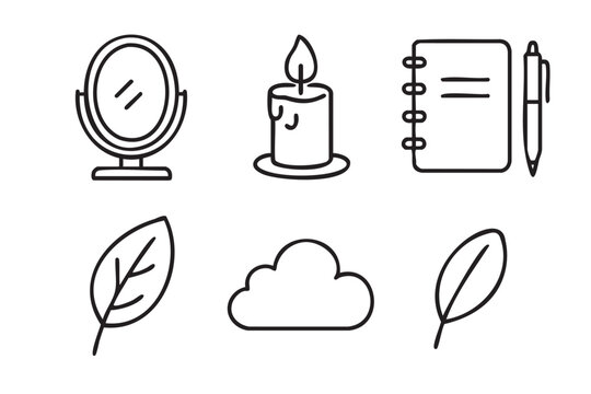 Set of six minimalist black line icons featuring a mirror, candle, notebook, pen, leaves, and a cloud, representing concepts of self-care, journaling, and nature
