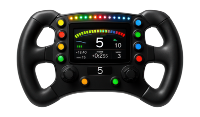 Advanced racing console with sleek design and digital interface.