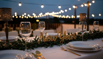 Elegant holiday table setting illuminated by festive lights creating a magical celebratory atmosphere
