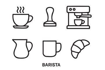 Set of six black line icons for a barista includes a steaming coffee cup, tamper, espresso machine, milk pitcher, mug, and croissant in a minimalist graphic style