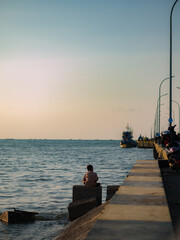 A quiet seaside scene with a lone figure facing the open ocean under soft daylight