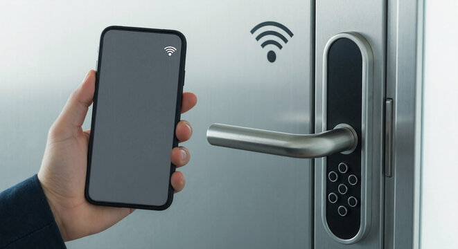 Man using smartphone for smart lock access. Wireless technology for secure home entrance and digital security concept for modern living. - Powered by Adobe