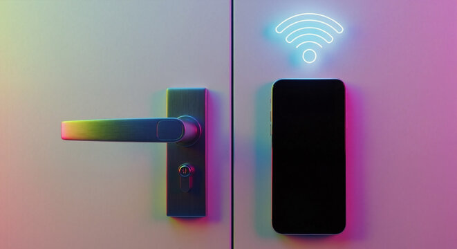 Smartphone next to door handle with wifi signal. Smart home technology concept for security, automation, and remote control access.