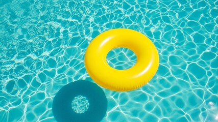 Bright Yellow Inflatable Ring Floating on Clear Blue Swimming Pool Water.