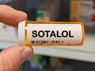 Box of SOTALOL tablets on a hospital pharmacy table used to treat irregular heart rhythms a beta blocker and antiarrhythmic.