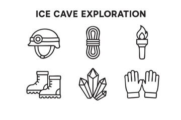 Obraz premium Six black line art icons representing ice cave exploration equipment, including a headlamp helmet, climbing rope, flaming torch, winter boots, ice crystals, and warm gloves
