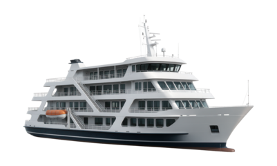 Multi-level passenger ferry featuring central staircases and side-mounted lifeboats.