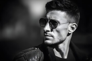 Dramatic black and white portrait of a man with sunglasses and leather jacket © Studicon