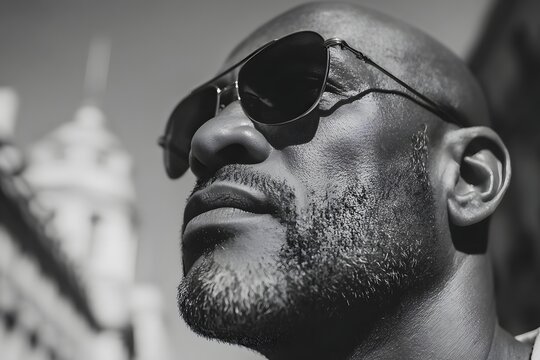 Close up shot of a bald man with stubble beard wearing sunglasses looking up
