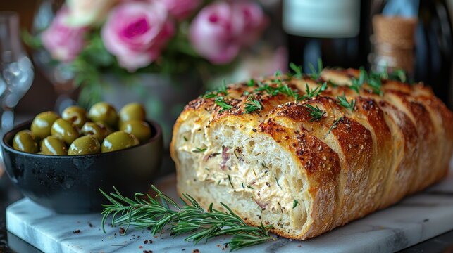 Close up of pull apart bread with olives and flowers on a marble cutting board