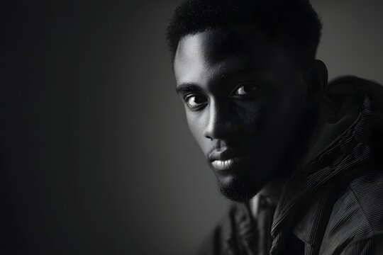 Monochrome portrait of a black man with intense gaze