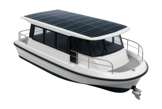 Compact electric ferry featuring integrated solar panels on the roof.
